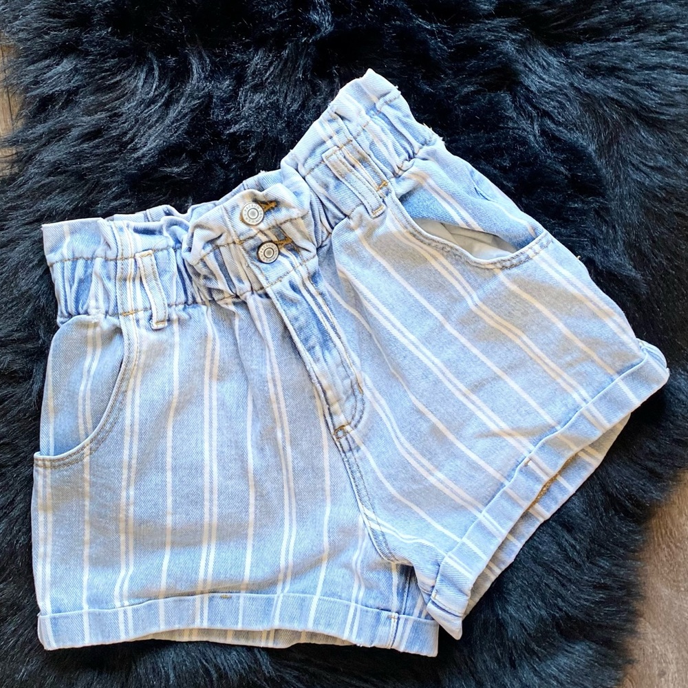 Light denim stripe high waisted jean shorts